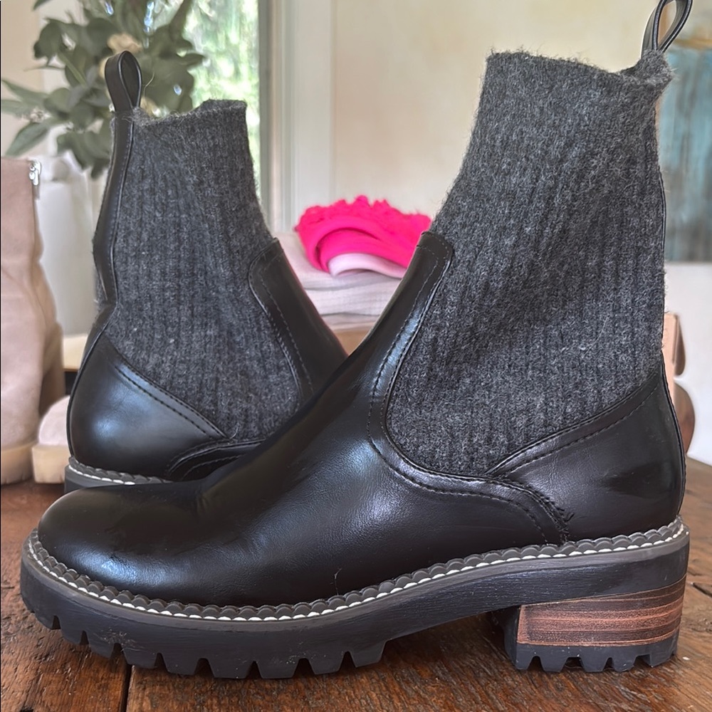 Black Leather Knit Ankle Boots